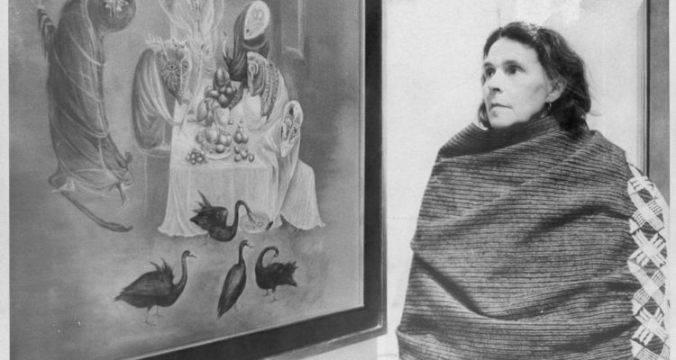 Leonora Carrington with “Lepidoptera,” painted in 1969. December 04, 1975. (Photo by Jerry Engel/New York Post Archives /(c) NYP Holdings, Inc. via Getty Images)