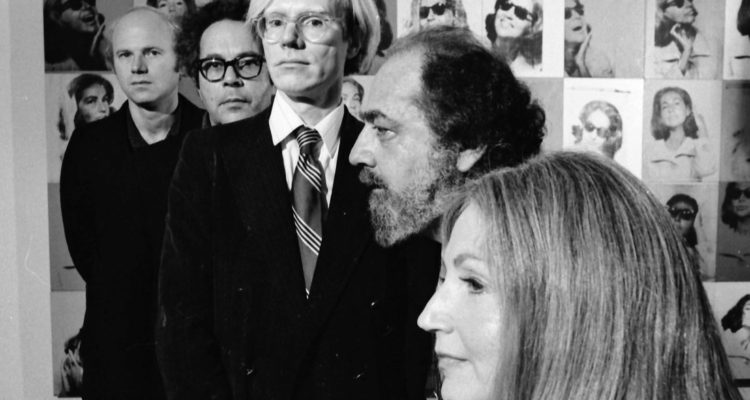 Andy Warhol photographed with art collectors Ethel and Robert Scull, sculptor George Segal, and painter James Rosenquist at the Scull's residence in 1973. (Photo by Jack Mitchell/Getty Images)