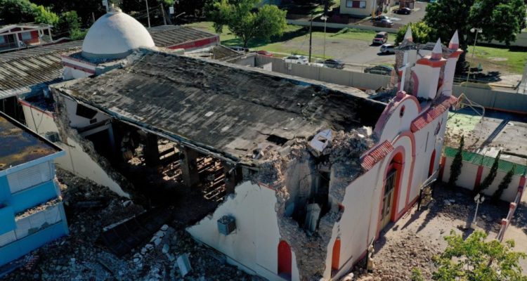 The Inmaculada Concepcion church, built in 1841, is seen partially collapsed after an  earthquake hit the island in Guayanilla, Puerto Rico on January 7, 2020. - A strong earthquake struck south of Puerto Rico early January 7, 2020 followed by major aftershocks, the US Geological Survey said, the latest in a series of tremors that have shaken the island since December 28. The shallow 6.4 magnitude quake struck five miles (eight kilometers) south of the community of Indios, the USGS said, revising down its initial reading of 6.6. (Photo by Ricardo ARDUENGO / AFP) (Photo by RICARDO ARDUENGO/AFP via Getty Images)